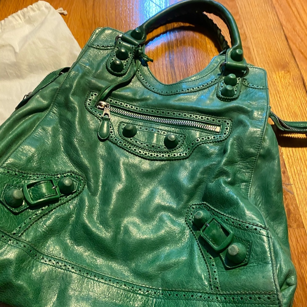 Balenciaga emerald green motorcycle handbag